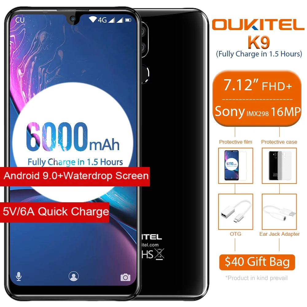 

OUKITEL K9 Waterdrop 7.12" FHD+ 1080*2244 16MP+2MP/8MP Mobile Phone 4GB 64GB Face ID Smartphone 6000mAh 5V/6A Quick Charge OTG