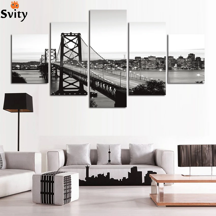 

City Black white suspension bridge scenery Landscape Painting Modern Wall Decorative Pictures 5 Pieces home decor Wall A44