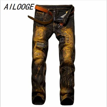 

AILOOGE Europe America Brand Pleated Retro Hole Jeans Homme Casual Slim Straight Jeans For Men High Quality Patchwork Demin
