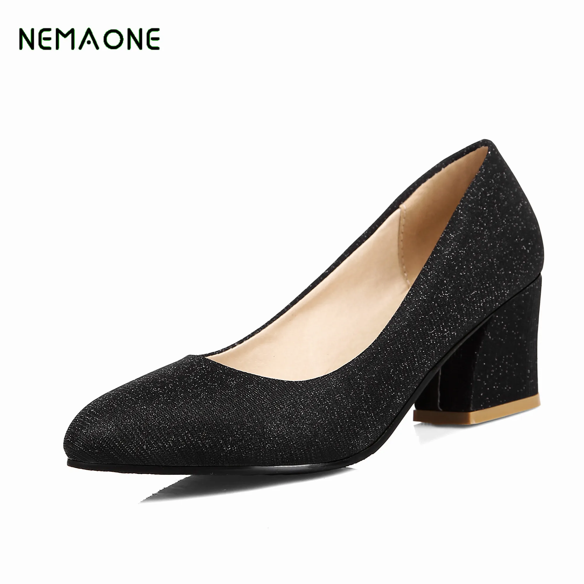 

NEMAONE 2018 Women Pumps Elegant Sweet Style Slip on High Heels Pointed Toe Square Heels Handmade Women Pumps Shoes