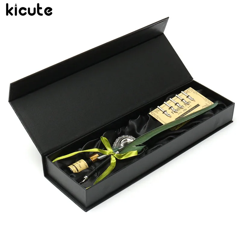 

Kicute Vintage Green Goose Feather Quill Pen Fountain Pens Metal Nibs Dip Writing Ink Set Stationery Gift Box with 5 Nib Supply