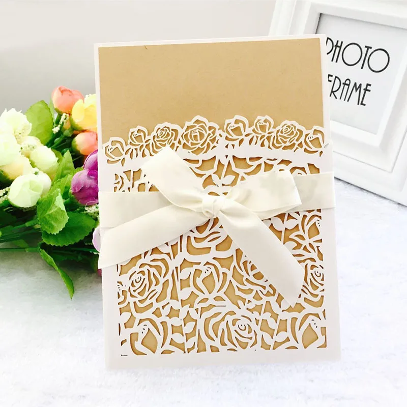 

50pcs White Elegant Rose Flora Laser Cut Wedding Invitations Card Customize Print With Ribbon Wedding Decoration Party Supplies