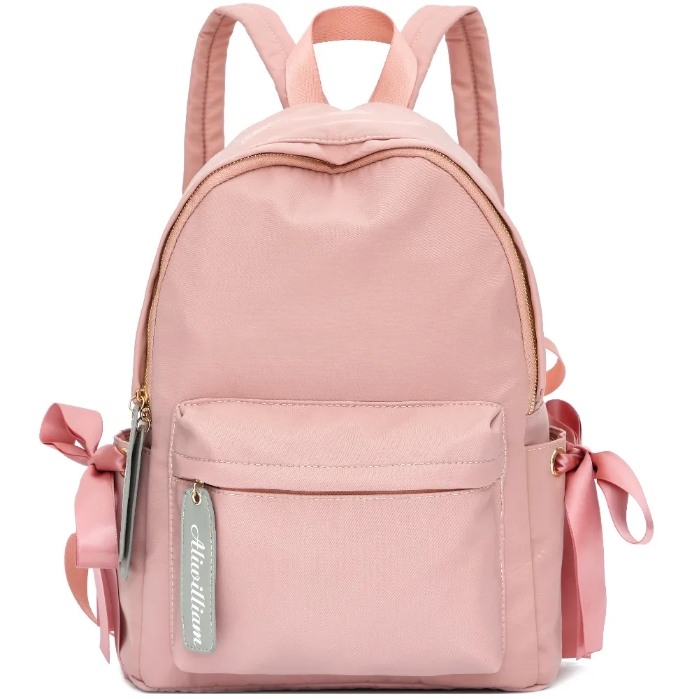 Basic Pink Backpack for Women Fashion Grils College School Bag Waterproof Nylon Black Travel Purse Lady Bowknot Shoulder Handbag