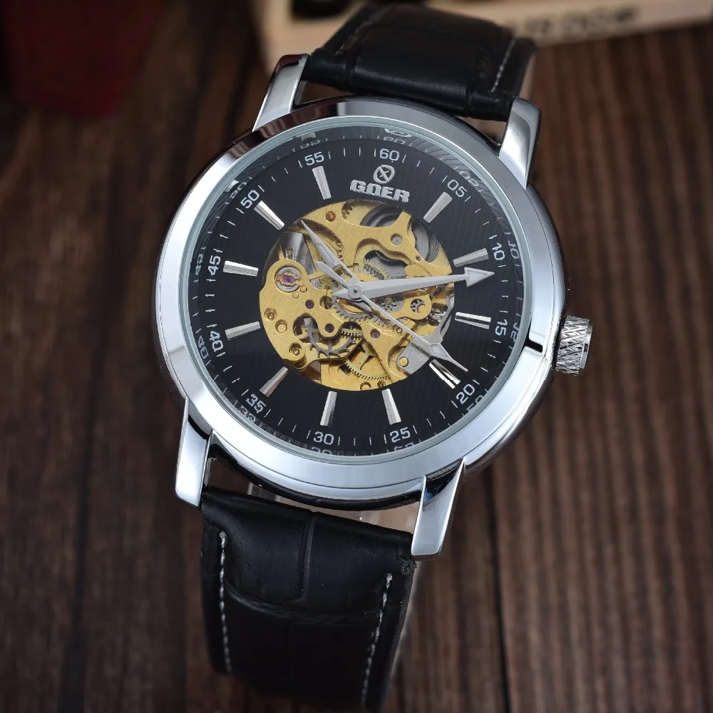 GOER brand Men s sports Mechanical leather Wrist watch Automatic waterproof male Luminous Skeleton digital Man