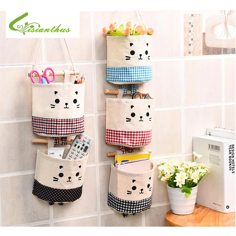 

Home Cotton Linen Storage Bag Wardrobe Hang Bag Wall Door Pouch Makeup Cosmetic Toys Sundries Organizer Pockets Cartoon Pattern