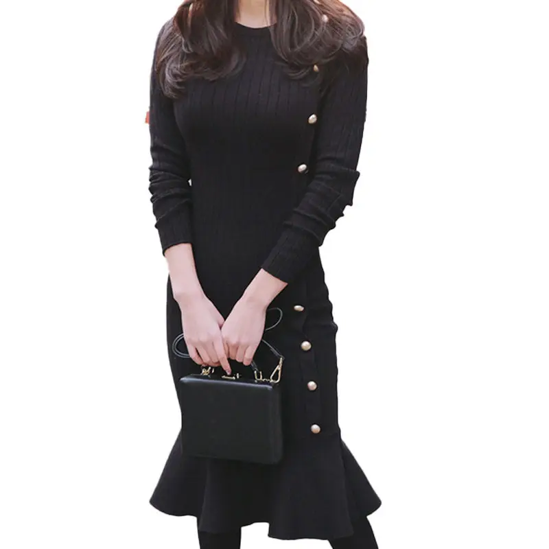 Модные корейские зимние черные однотонные трикотажное облегающее платье женские осенние пикантные тонкие оборки вечерние платья русалки женские платья - Цвет: Черный