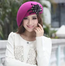 Free Shipping Fashion Ladies Wool Felt Hat Wool Flower Winter Hat Fashion Dress Ladies’ 100% Wool Made Two Colors Available