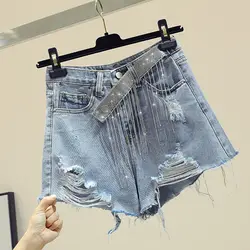Новые алмазные бахрома джинсы с бахромой шорты женские высокие Streetripped отверстия джинсы горячие брюки для девочек студенческие