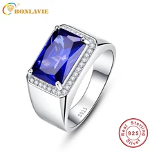BONLAVIE Emerald Design Charm Luxury 7ct Blue Sapphire Square Ring Solid 925 Sterling Silver Ring Fine Jewelry Party Accessories