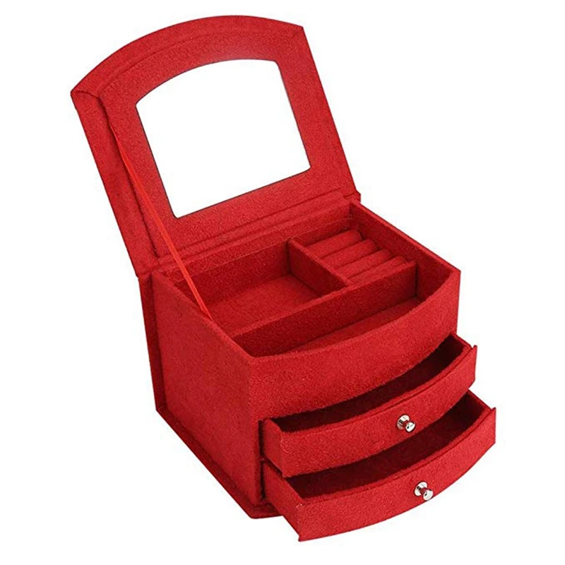 Коробка для украшений, органайзер, 3 слоя, переносная коробка для украшений, сережек, колец, браслетов, ожерелья, органайзер для хранения с зеркалом - Цвет: Red