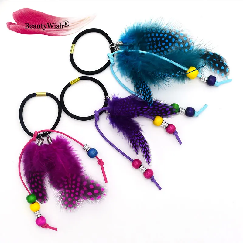 

1pcs Handmade Leather Rope Color Random Feather Headbands Wood Beads Boho Hair Accessories for Women JewelrY