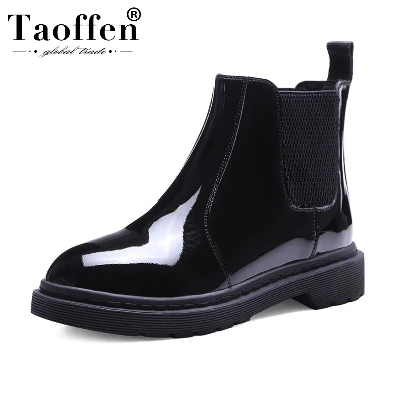 Taoffen Real Leather Ankle Boots Women Solid Color Elastic Band Flats Shoes Autumn Winter Keep Warm Size 33-41 | Обувь