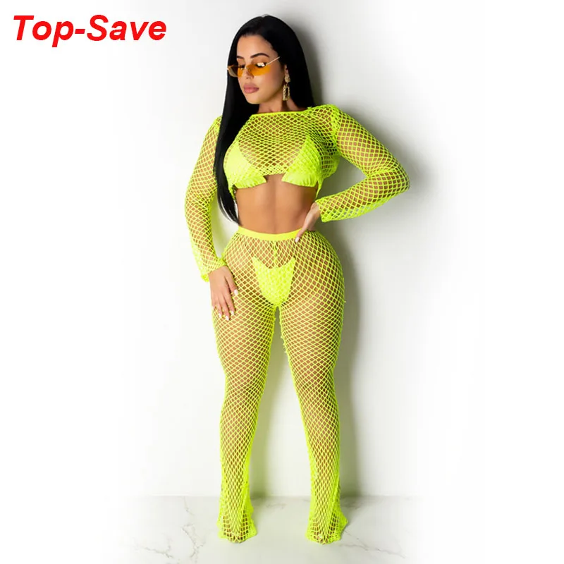 

Neon Nightclub Sexy Mesh Sports Suit Women Clothing Set Hollow Out Vintage Ladies Two Piece Set Top And Pants Long Sleeve Outfit