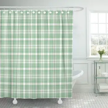 

Fabric Shower Curtain Hooks Blue Summer Plaid Green Aqua Cabin Check Checkered Country Delicate Picnic Decorative Bathroom