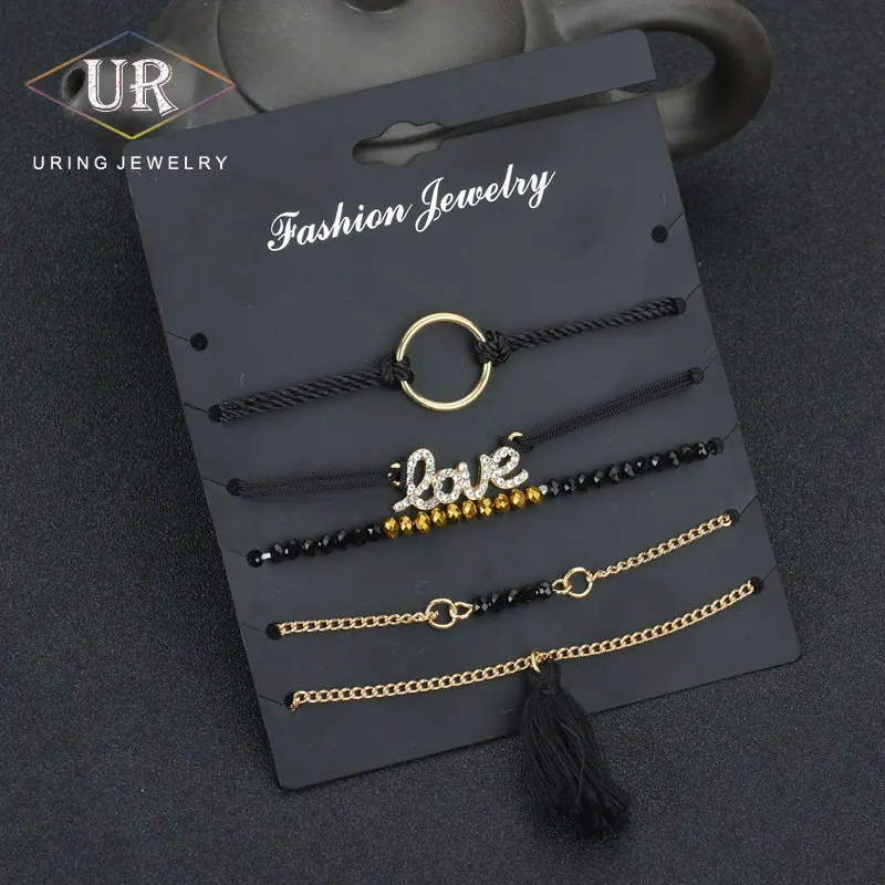 

Chain Bracelets Sets For Women Men 2-Color Black and Gold Bead chain Crystal Love Character Circle Tassel Faahion Jewelry KB222