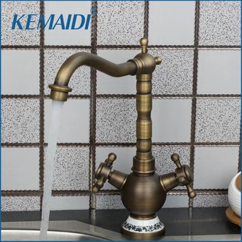 

KEMAIDI Double Handles Retrol Antique Brass Swivel 360 Deck Mount Basin Sink Kitchen Torneira Cozinha Vessel Tap Mixer Faucet