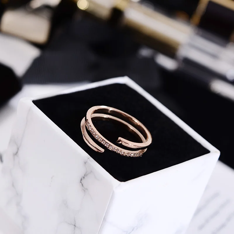 

YUN RUO 2018 Fashion 3 Layers Crystal Open Ring Rose Gold Color Woman Gift Party Titanium Steel Jewelry Not Fade Drop Shipping