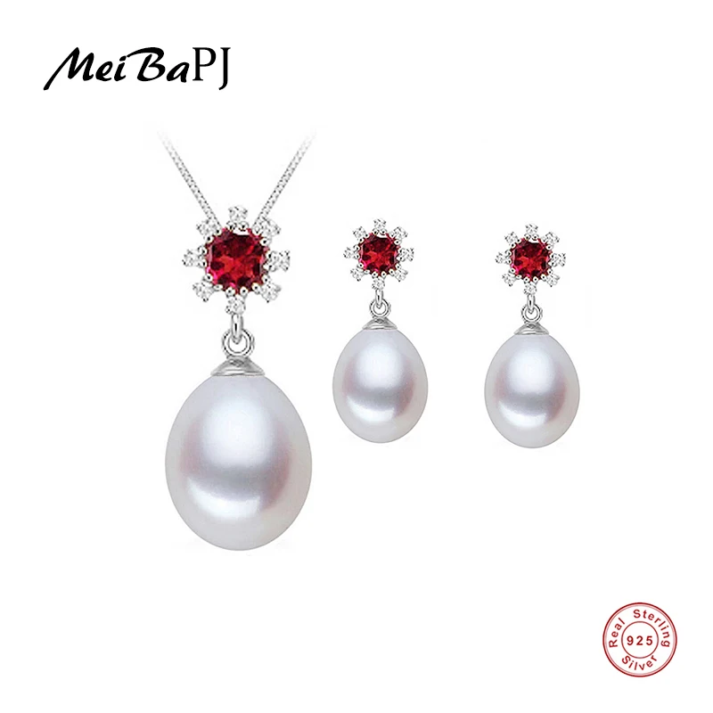 

MeiBaPJ New Specials Real Pearl Jewelry Sets Real 925 Solid Silver Red Stone Pendant & Earrings Charm Jewelry Set Gift Box
