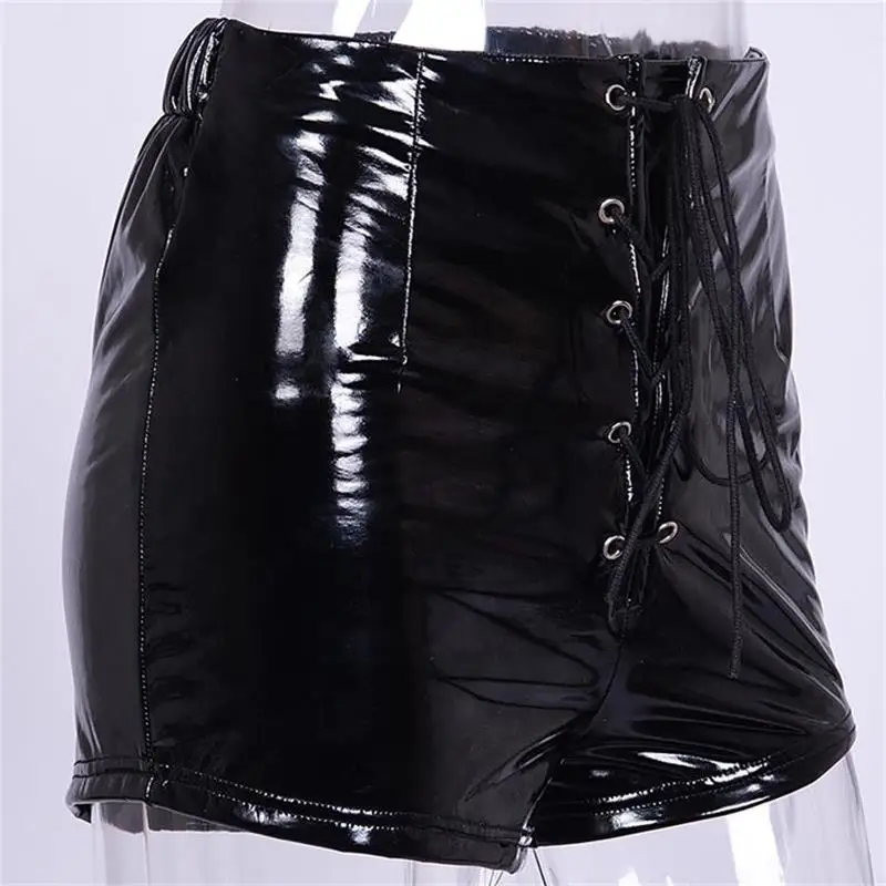 InstaHot Lace Up Elastic Waist Pu Leather Shorts Summer Black Red Sexy Fashion Tie Up Shorts Streetwear Club Clothing Lady - Цвет: black