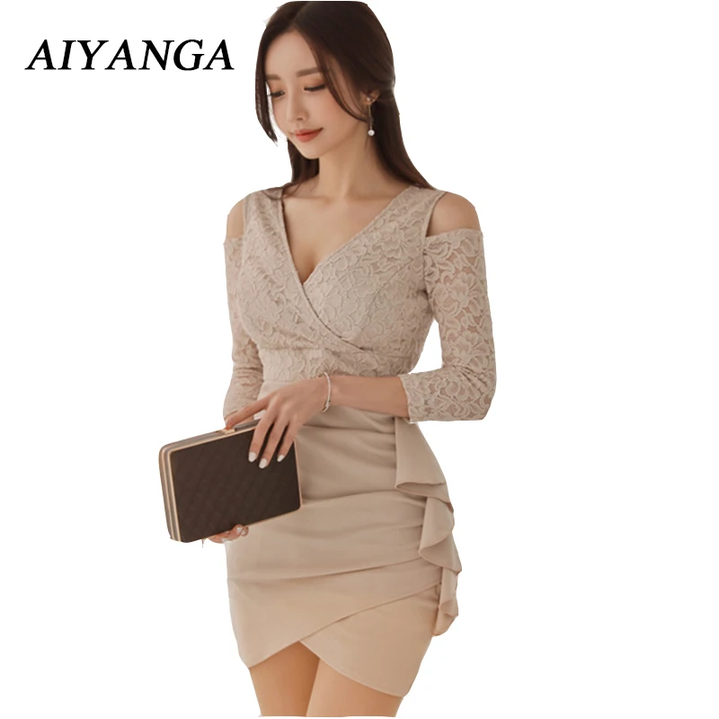 

High Quality Summer Dress 2019 Women Lace Patchwork Bodycon Dress Fashion Office Lady V Neck Package hip Short Dresses Sexy