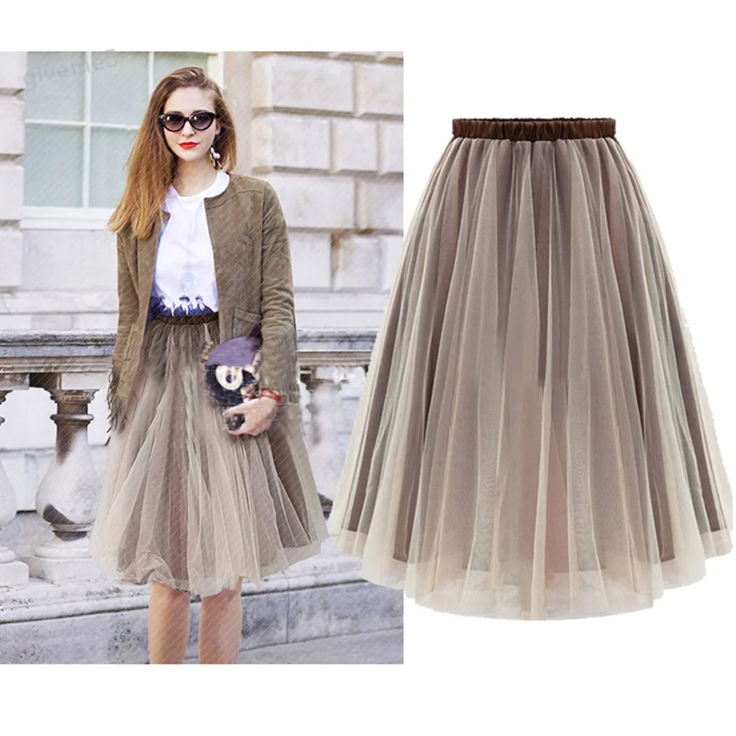 Cute Women Skirt Elegant Elastic Waist Mesh Pleated Casual Skirtin