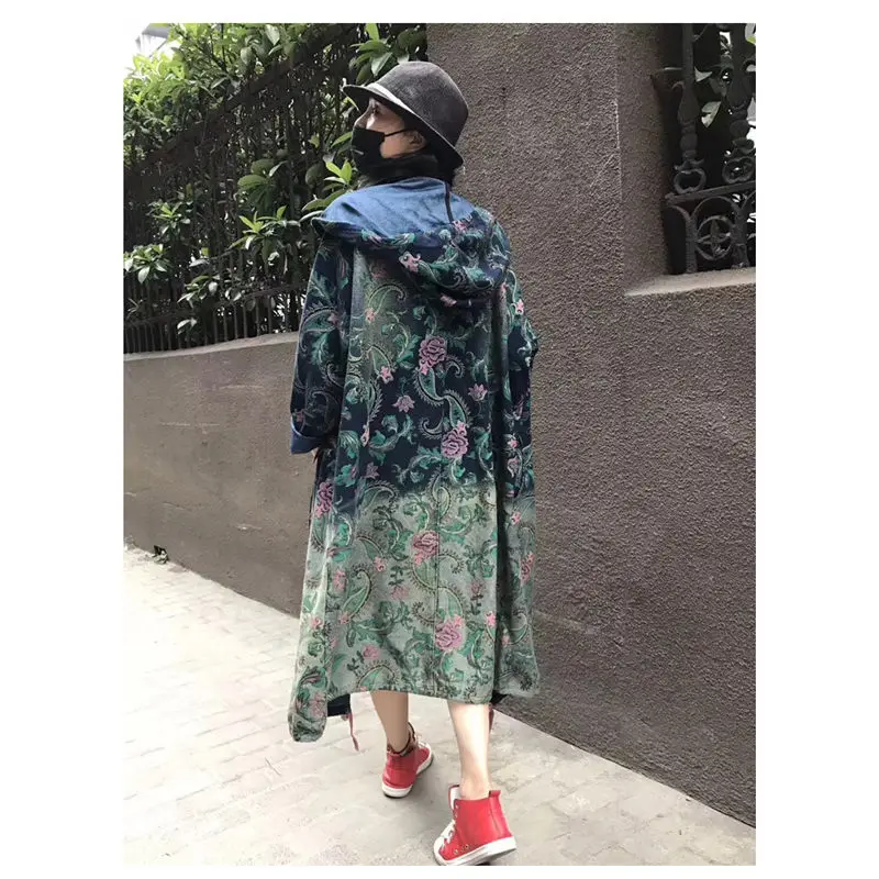 New Harajuku Denim Trench Coat For Women Oversizes Jeans Outerwear Long Sleeve Single-breasted Retro Print Streetwear f924