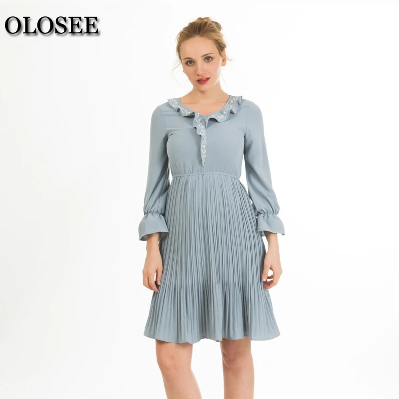 Summer Woman Solid Mid Calf Long Dress V Neck Embroidery Chiffon