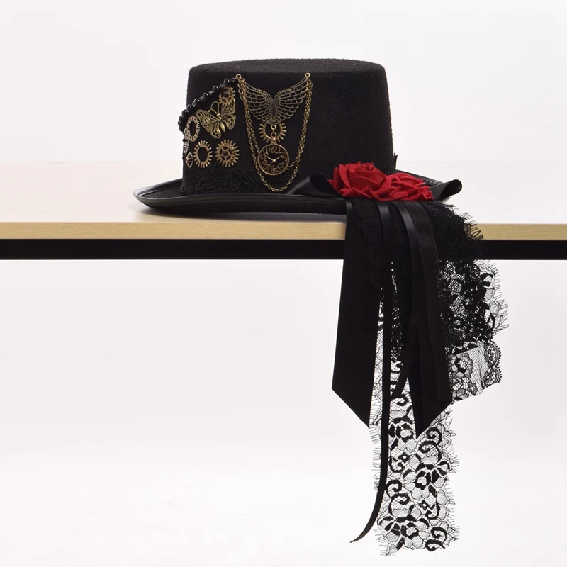 

Women Gothic Lolita Cosplay Red Rose Gear Chain Black Victorian Steampunk Top Hat