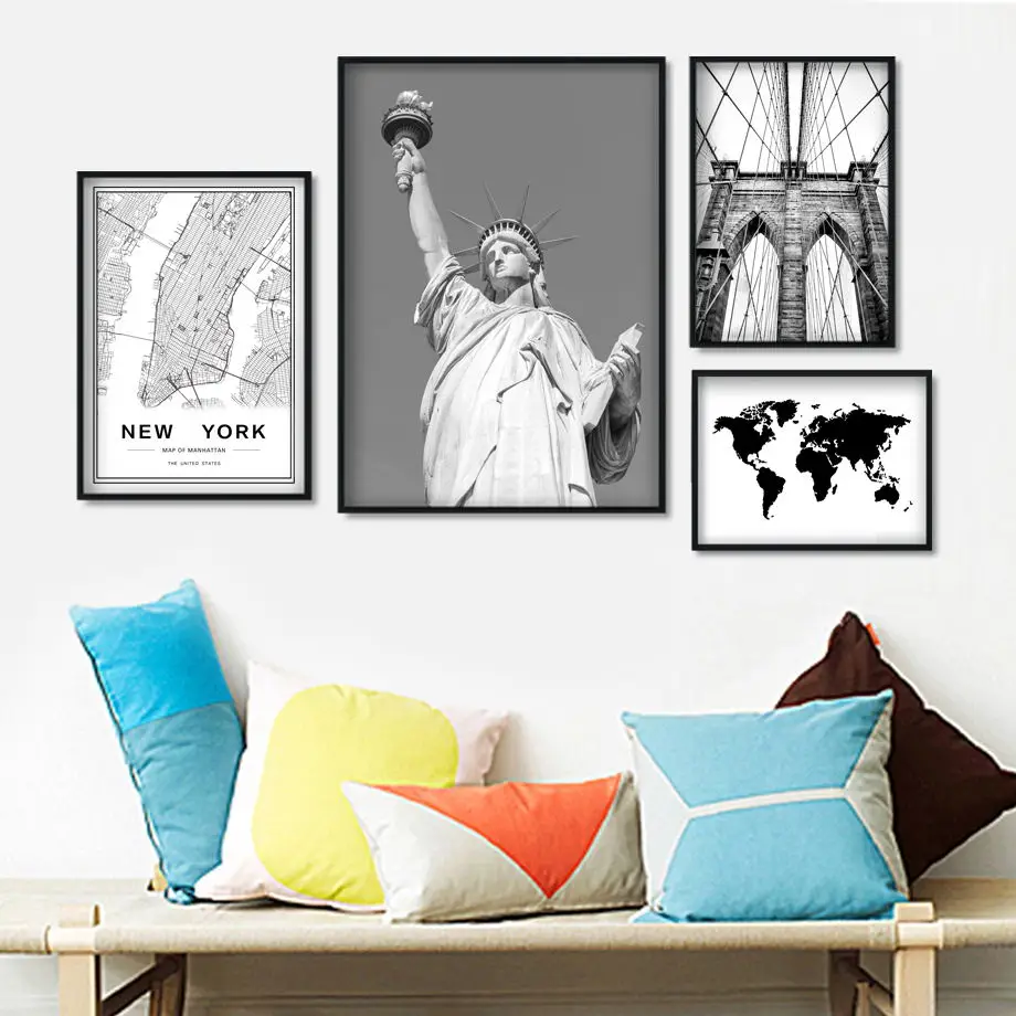 

New York Map Brooklyn Bridge Statue Of Liberty Wall Art Canvas Painting Nordic Posters And Prints Wall Pictures For Living Room