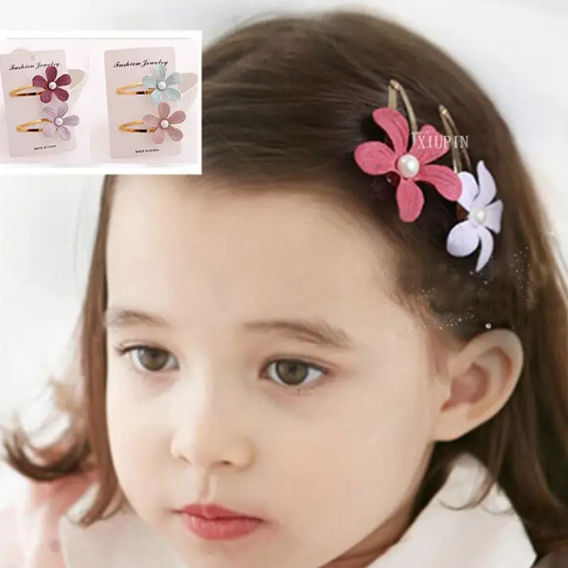 

2Pcs/Set Baby Girls Side Bangs BB Hair Clip Imitation Pearl 3D Petals Flower Hairpins Metallic Hollow Water Drop Snap Barrettes