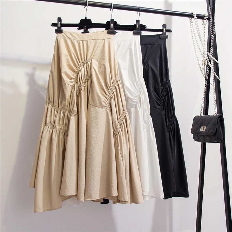 

Summer 2019 New Elegant Women Skirts Retro Irregular Fold Large Pendulum A-shaped Half-length Skirt Casual Solid Skirts