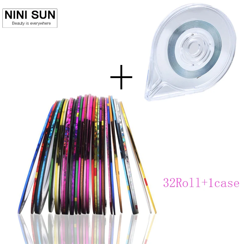 

Hot 32 Rolls +1 case Mixed Colors Rolls Striping Tape Line DIY Nail Art Tips Nail Art Metallic Yarns Strips Decoration Sticker