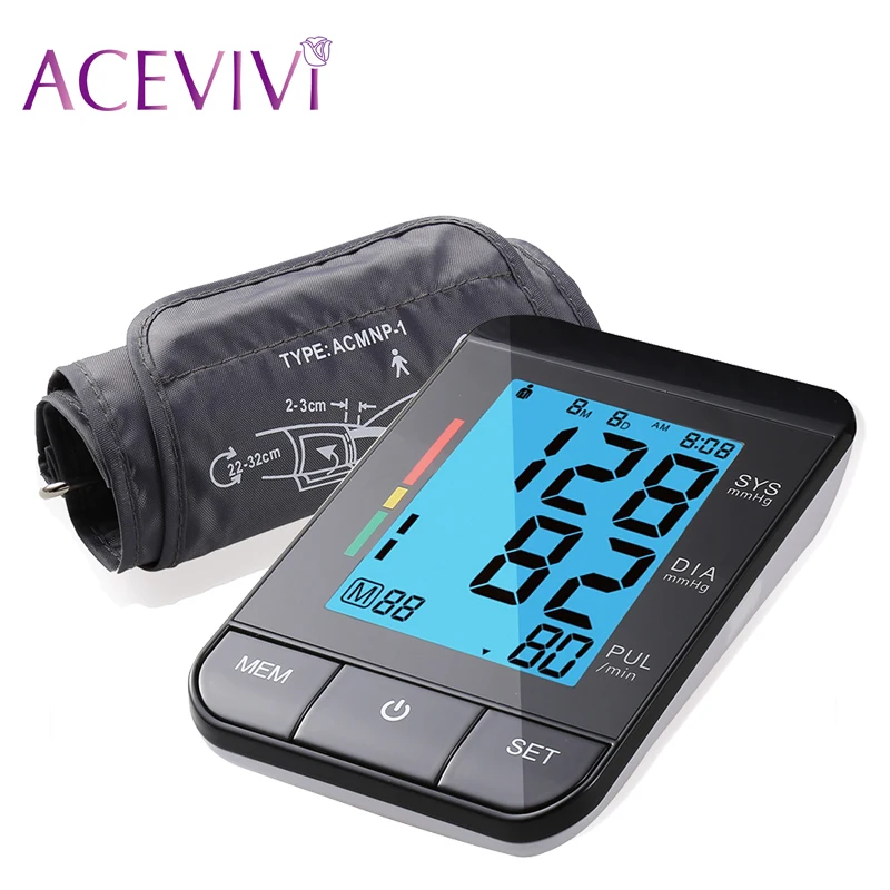 

ACEVIVI Brand Blue Backlit Upper Arm Digital Portable Blood Pressure Health Care Monitor Black Sphygmomanometer Best Quality
