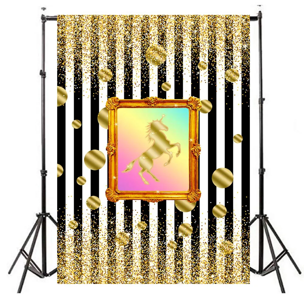 

NeoBack Gold Unicorn Background Black and White Stripes Backdrop Decoration Childrens Birthday Party Backdrops Banne Props