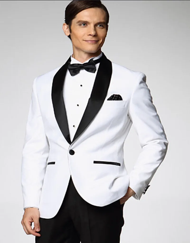 New men white suits slim fit One Button Black Satin Lapel suit pants