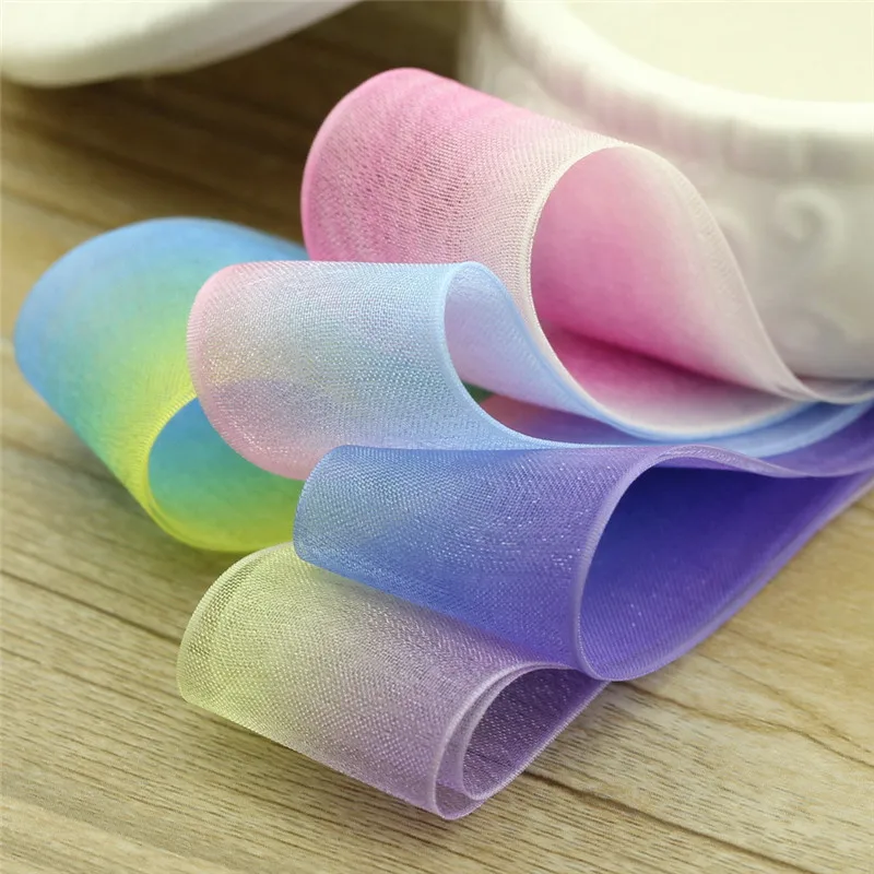 5meter/lot New Gradient Polyester Snow Ribbon 25mm Rainbow Chiffon Ribbon DIY Handmade Hair Accessories Packaging Material T-043