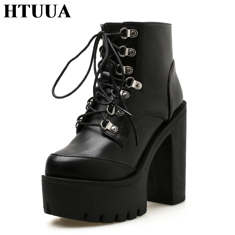 

HTUUA Short Ankle Boots For Women Platform Shoes Punk Gothic Style Lace Up High Heels Black Spring Autumn Chunky Boots SX1508