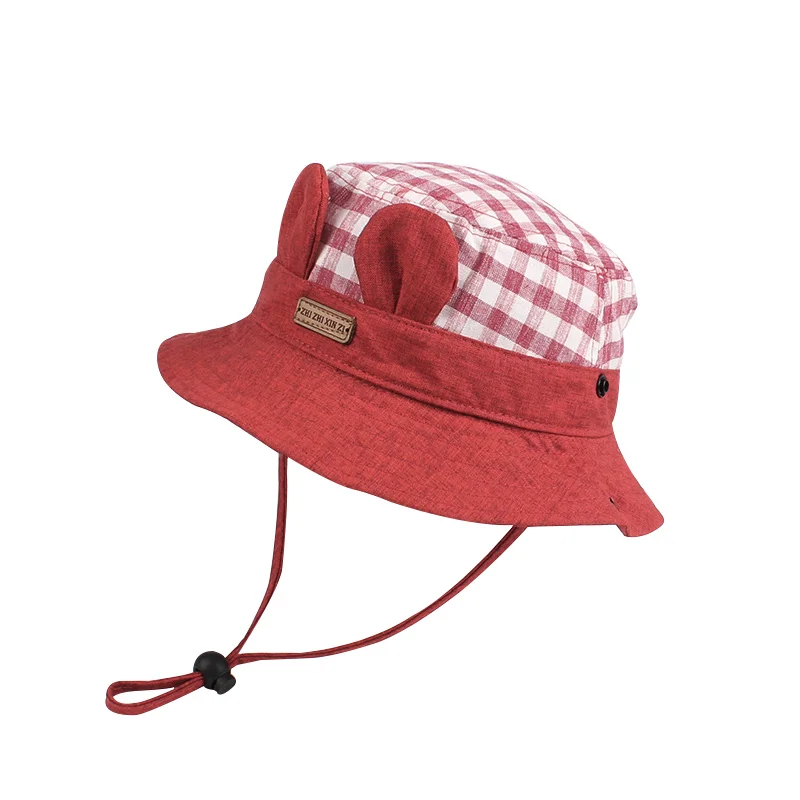 Plaid Baby Hat For Girls Wide Brim Kids Sun Cap Rabbit Ears Cotton Hat Lace Up Cowboy Children Cap Autumn Baby Girls Clothing  (15)