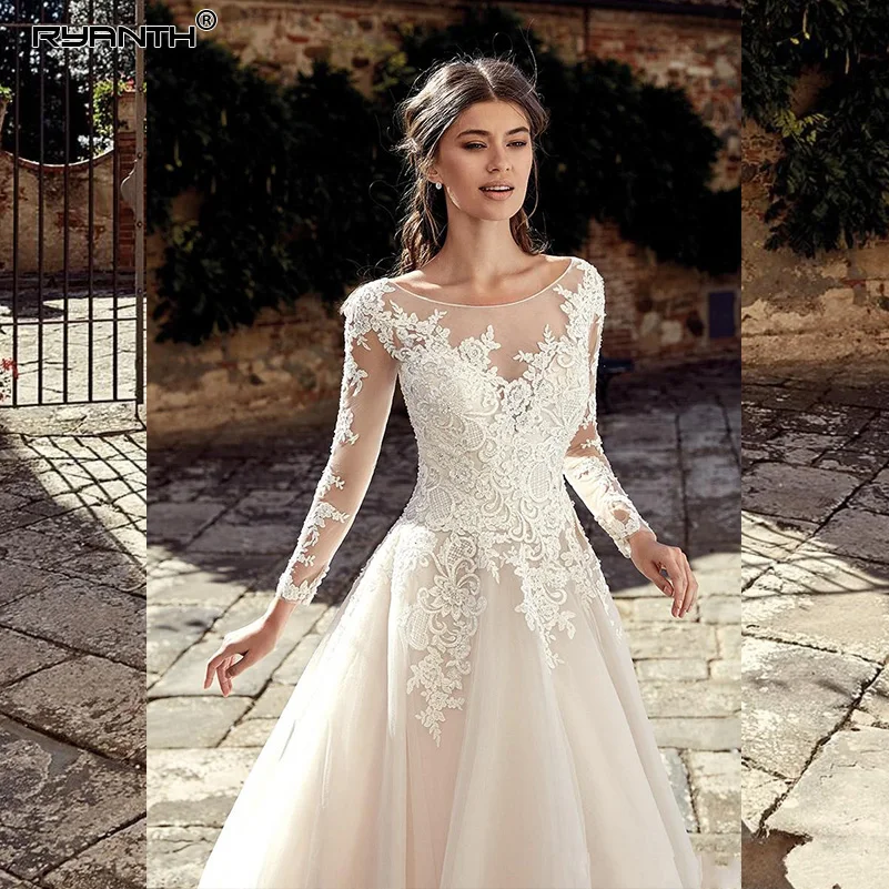 Robe De Mariage Элегантный Sheer длинным рукавом кружева линии Свадебные платья 2019 кнопки платье невесты подвенечные свадебные платья