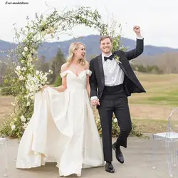 2019 Кантри Стиль атласные свадебные платья с открытыми плечами трапециевидной формы богемный скромные свадебные одежды Индивидуальные