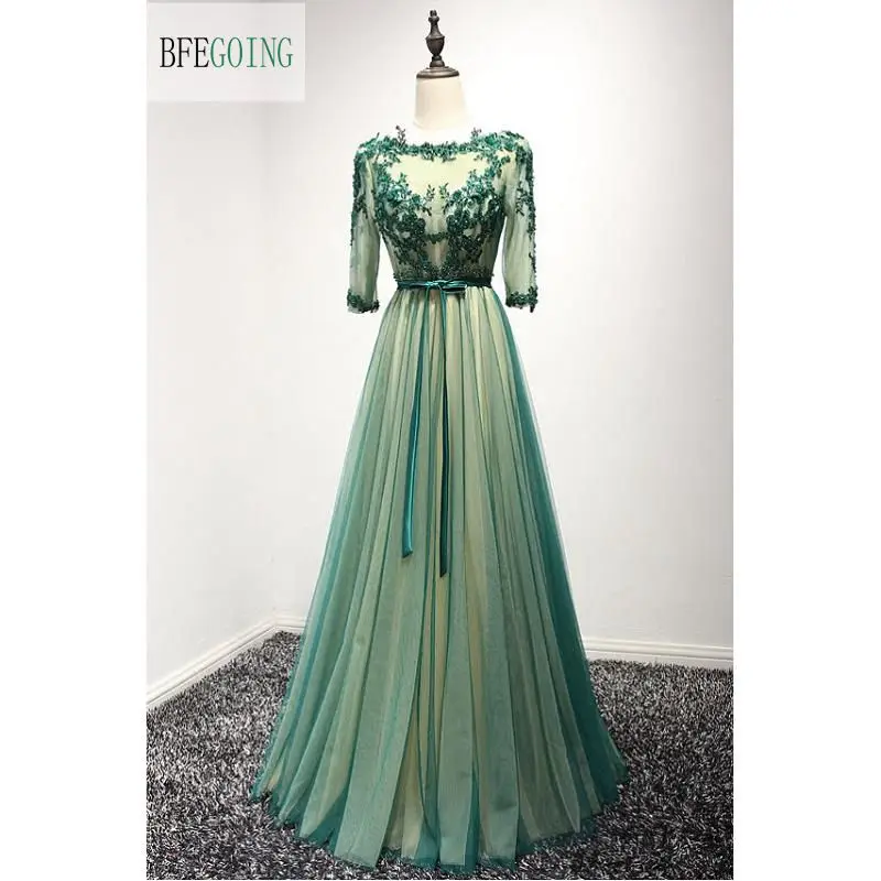 А-силуэт Формальное вечернее платье с бантом длиной до пола три четверти тюль кружевное вечернее платье с аппликацией на заказ