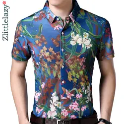 2019 с коротким рукавом социальные мужчины Цветок Гавайская рубашка платье Повседневная Узкий крой, на лето мужской рубашки мужские модная