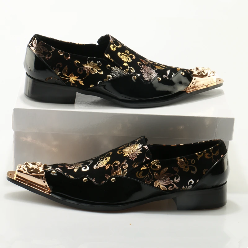 Zapatos Glitter Mocasines Oro Floral Vestido Metallic Boda Impresión Hombres Italiano Hombre Negro Toe A Cuero EwqUYwRxg