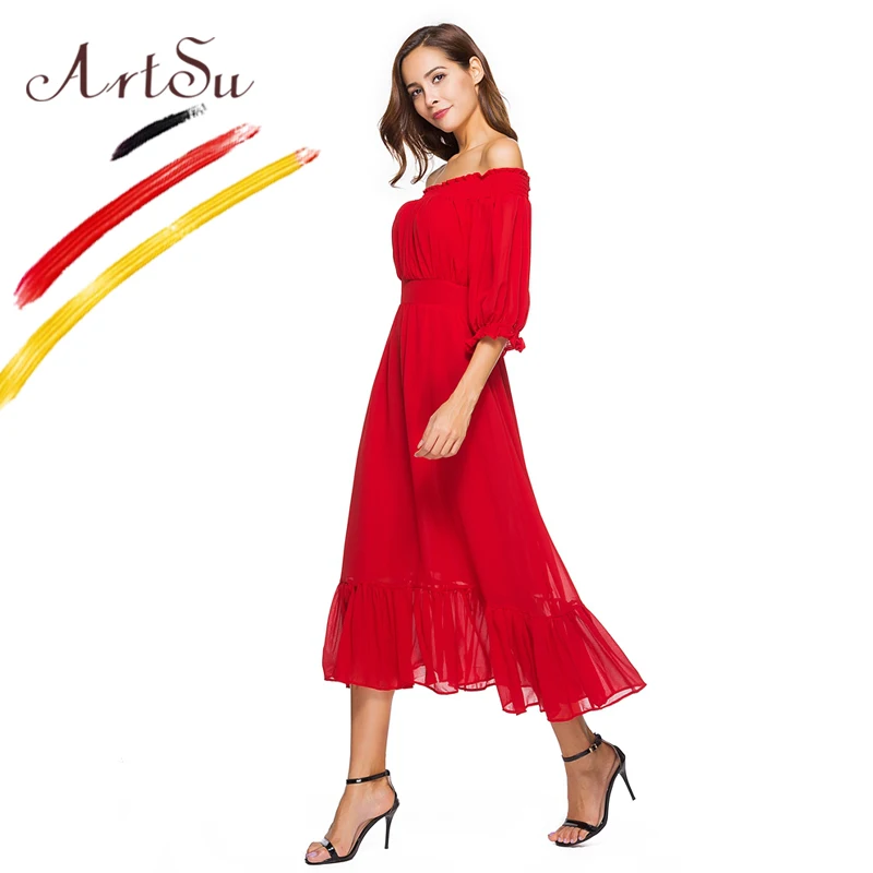 ArtSu الأبيض الأحمر شيك فستان محكم من عند الصدر ويتدلى بشكل واسع الصيف قبالة الكتف سليم الشيفون اللباس المرأة مثير حزب اللباس الأميرة فساتين ...