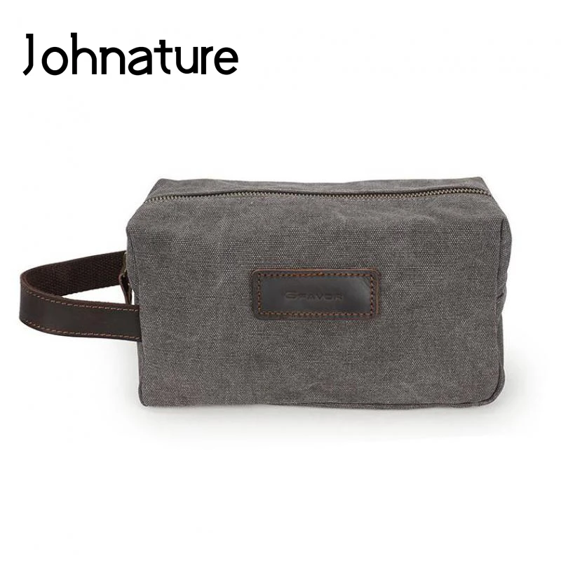Johnature 2024 New Vintage Men Day Clutches Canvas Solid Soft Zipper Washing Bag Leisure Cow Leather Wrist Bag Hand Bag image