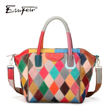 

ESUFEIR Genuine Leather Handbags for Women Multicolor Patchwork Cow Leather Shoulder Bag Fashion Brand Tote Bags bolsas feminina