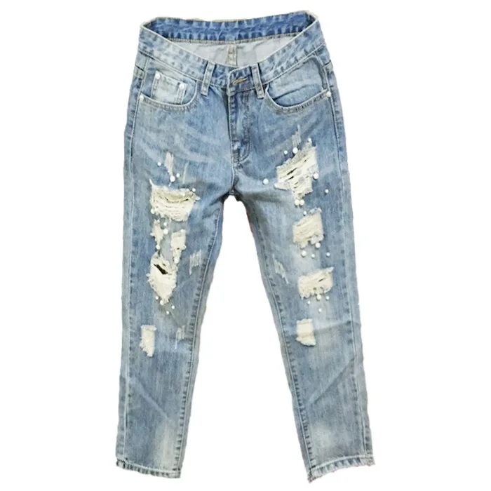 Синие рваные джинсы для женщин плюс размер тонкие потертые рваные джинсы с бусинами джинсы с жемчугом брюки женские джинсы