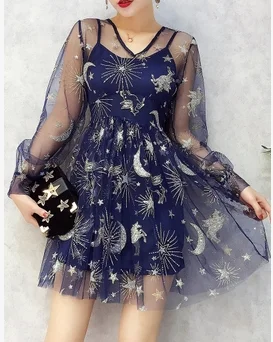 Amolapha женское Сетчатое перспективное платье луна звезды V образным вырезом с длинным рукавом Топы+ платья набор для элегантной женщины - Цвет: Синий