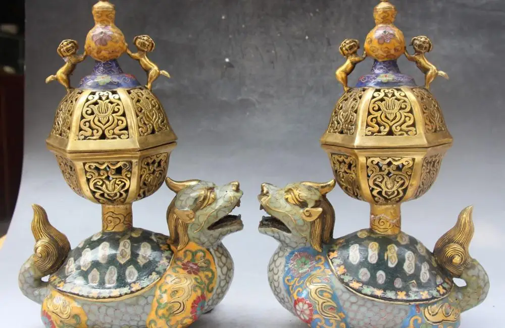

free shipping 12" Cloisonne Gild Dragon Tortoise Turtle Incense Burner Censer Statue Pair