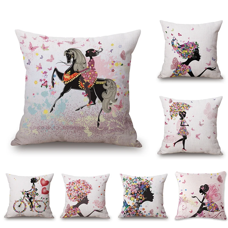 Flower Butterfly Girl Cushion Cover Cotton Linen Throw Pillow Cases Home Decorative Pillowcases ...